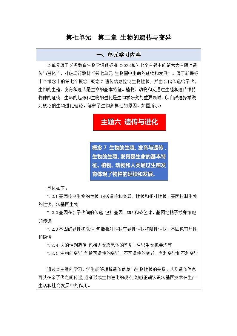 【大单元教学】人教版生物八下第七单元第二章 《生物的遗传和变异》 大单元教学设计第1页