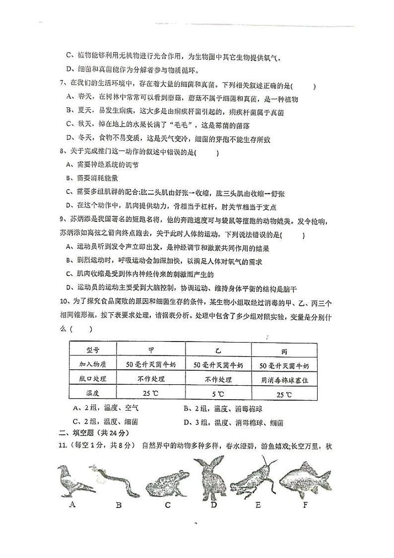 大集中学八年级上册生物期中考试试卷第2页