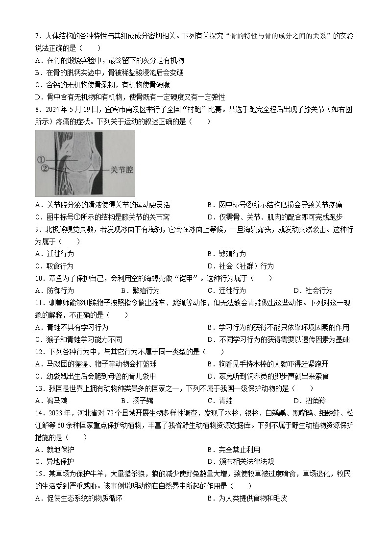 贵州省部分校2024-2025学年八年级上学期期中联考生物学试题(无答案)第2页