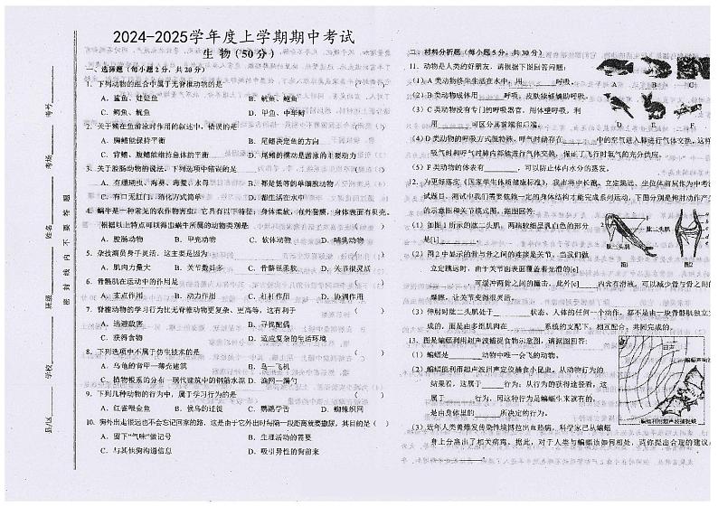 甘肃省陇南市康县2024-2025学年八年级上学期10月期中生物试题第1页