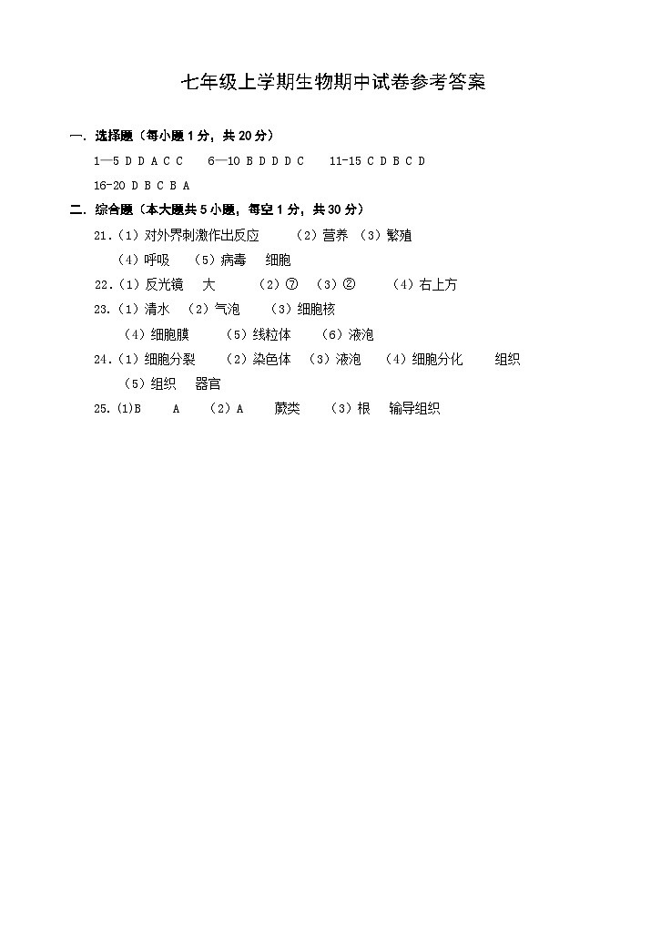 七年级生物参考答案第1页