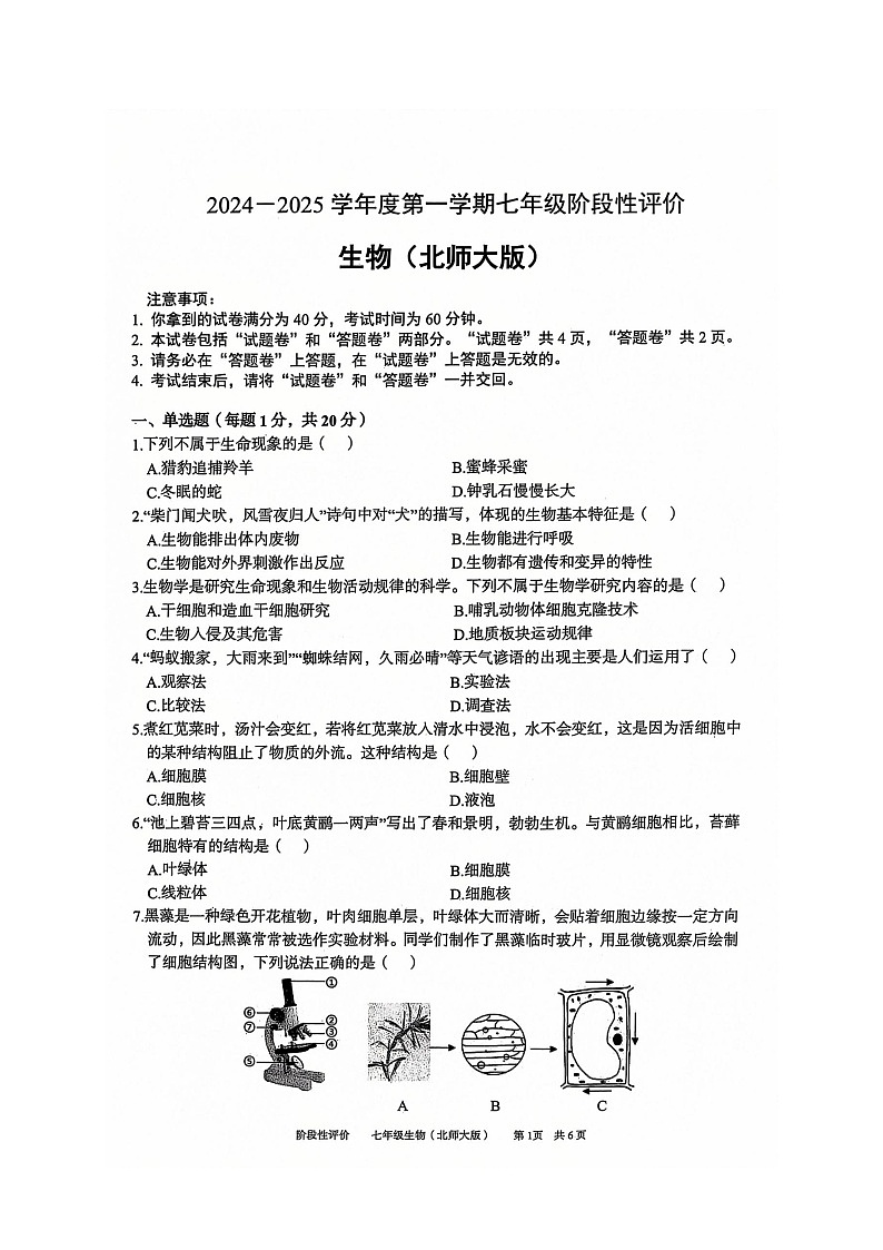 安徽省淮北市第一中学2024-2025学年七年级上学期11月期中考试生物试题第1页