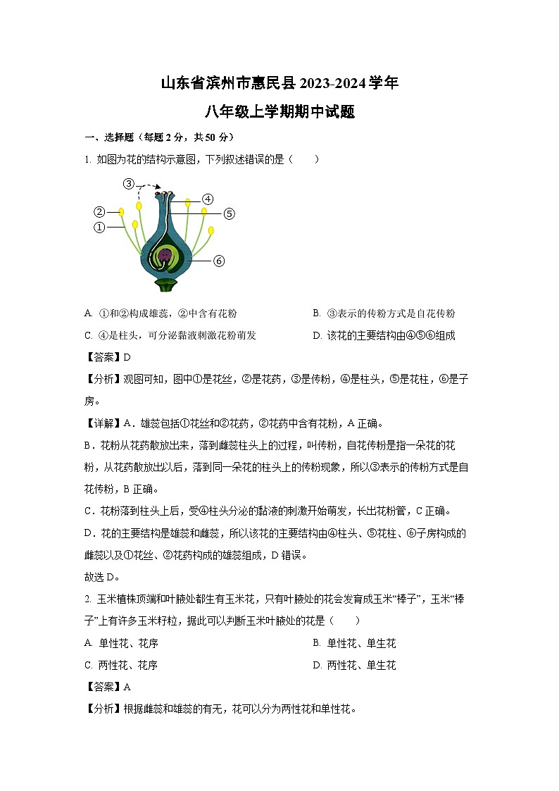 2023-2024学年山东省滨州市惠民县八年级(上)期中生物试卷（解析版）第1页