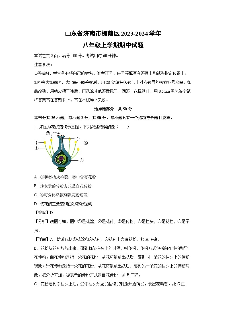 2023-2024学年山东省济南市槐荫区八年级(上)期中生物试卷（解析版）01