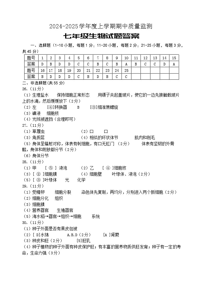 七年级生物 答案第1页