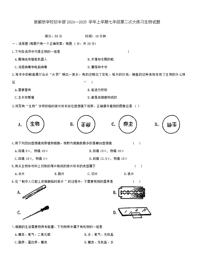 吉林省长春市新解放学校初中部2024-2025学年七年级上学期第二次大练习（期中）生物试题第1页