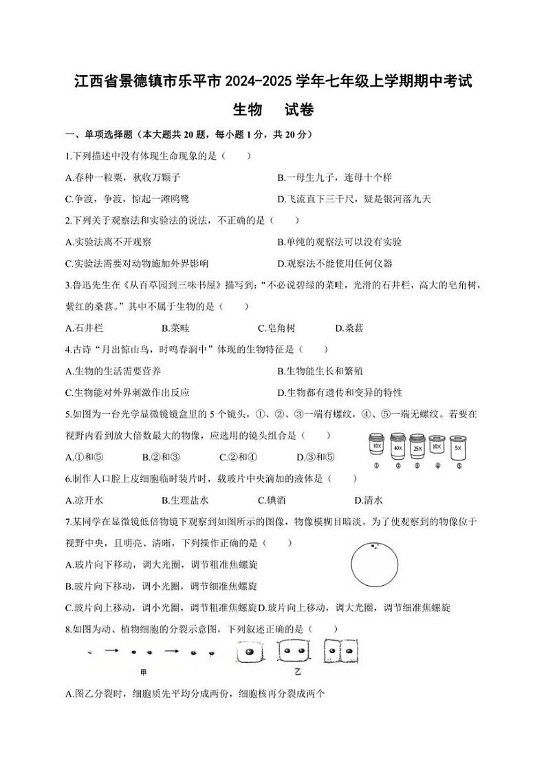 2024～2025学年江西省景德镇市乐平市七年级(上)期中生物试卷(含答案)01