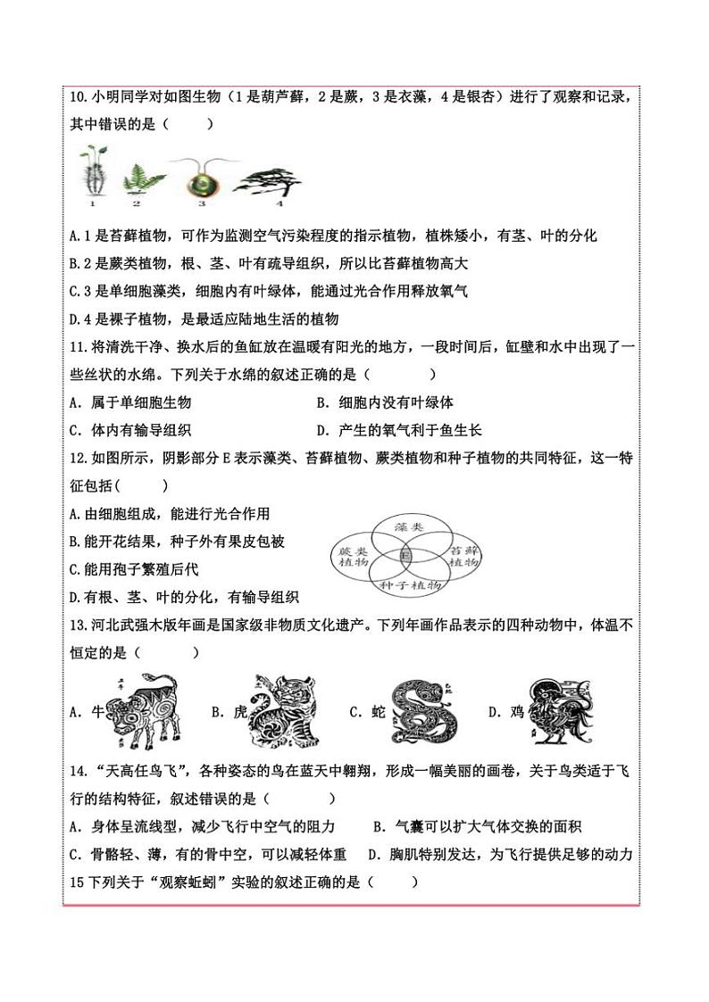 2024～2025学年山东省德州市齐河县潘店镇中学七年级(上)阶段复习学业检测生物试卷(含答案)第3页