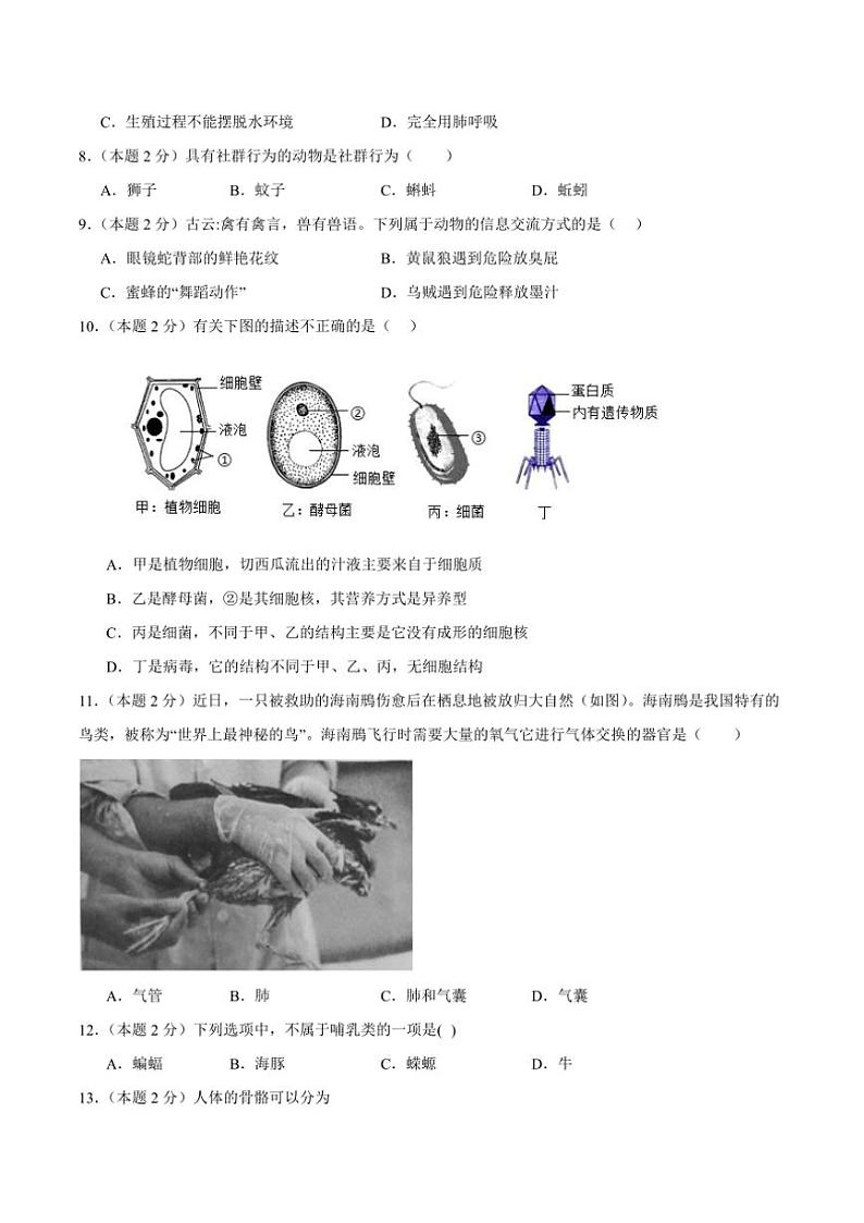 2024～2025学年四川省泸州市田家炳中学八年级(上)期中生物试卷(含答案)第2页