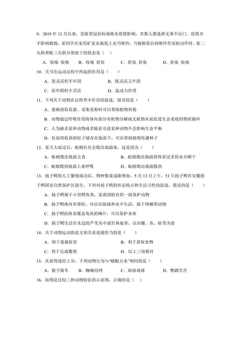 2024～2025学年四川省阆中东风中学校八年级(上)期中生物试卷(含答案)第2页