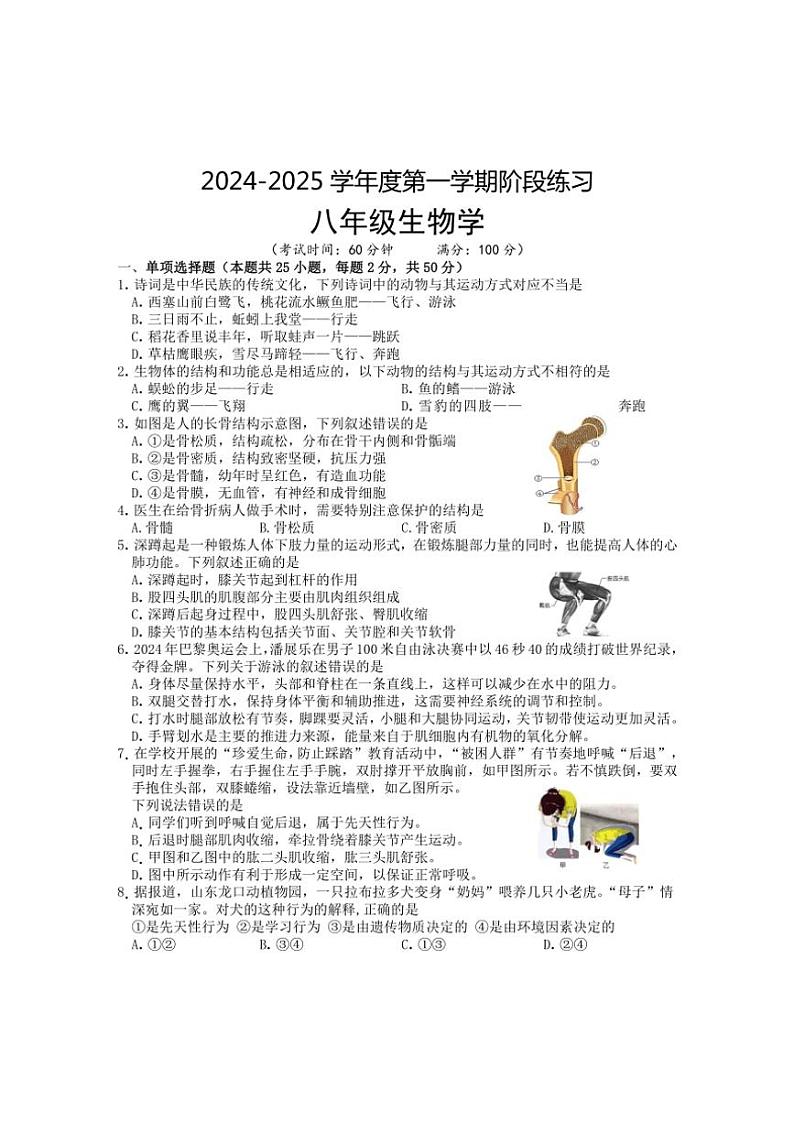 2024～2025学年安徽省黄山市歙县八年级(上)期中生物试卷(含答案)第1页