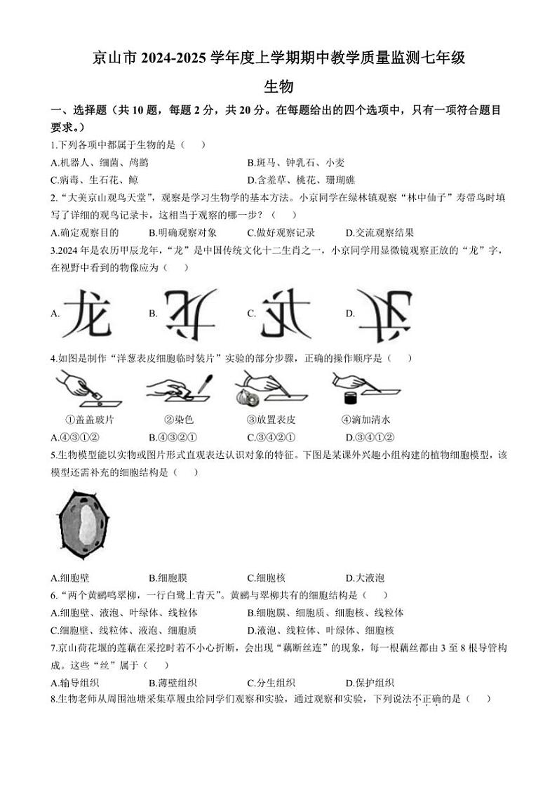 2024～2025学年湖北省荆门市京山市七年级(上)期中生物试卷(含答案)第1页