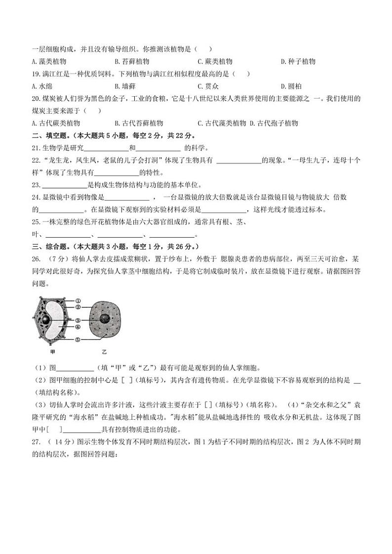 2024～2025学年甘肃省定西市临洮县七年级(上)期中生物试卷(含答案)第3页