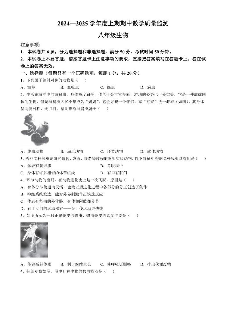 2024～2025学年河南省信阳市潢川县八年级(上)期中生物试卷(含解析)第1页