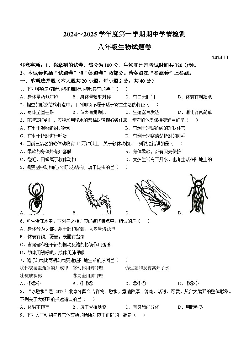 安徽省安庆市怀宁县2024-2025学年八年级上学期期中生物学试题第1页