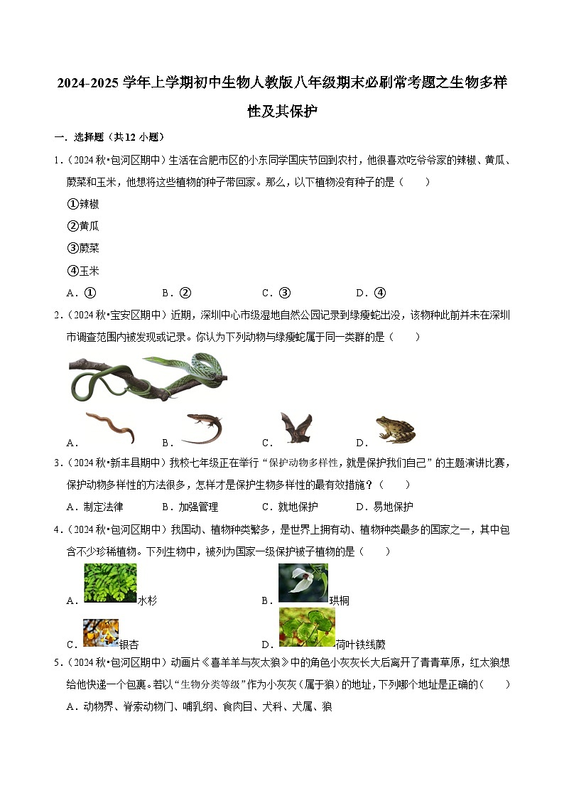2024-2025学年初中生物（人教版）八年级上册期末必刷常考题：生物多样性及其保护第1页