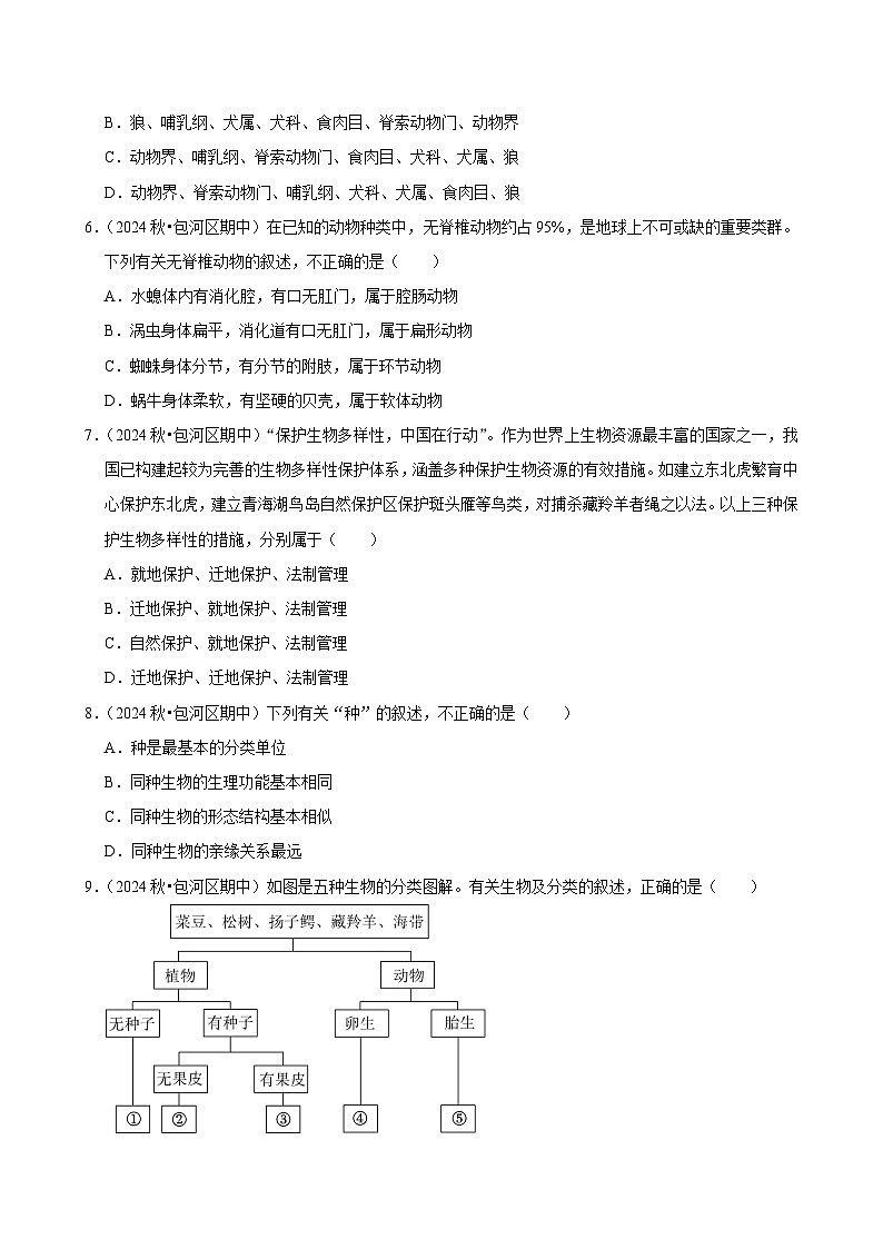 2024-2025学年初中生物（人教版）八年级上册期末必刷常考题：生物多样性及其保护第2页