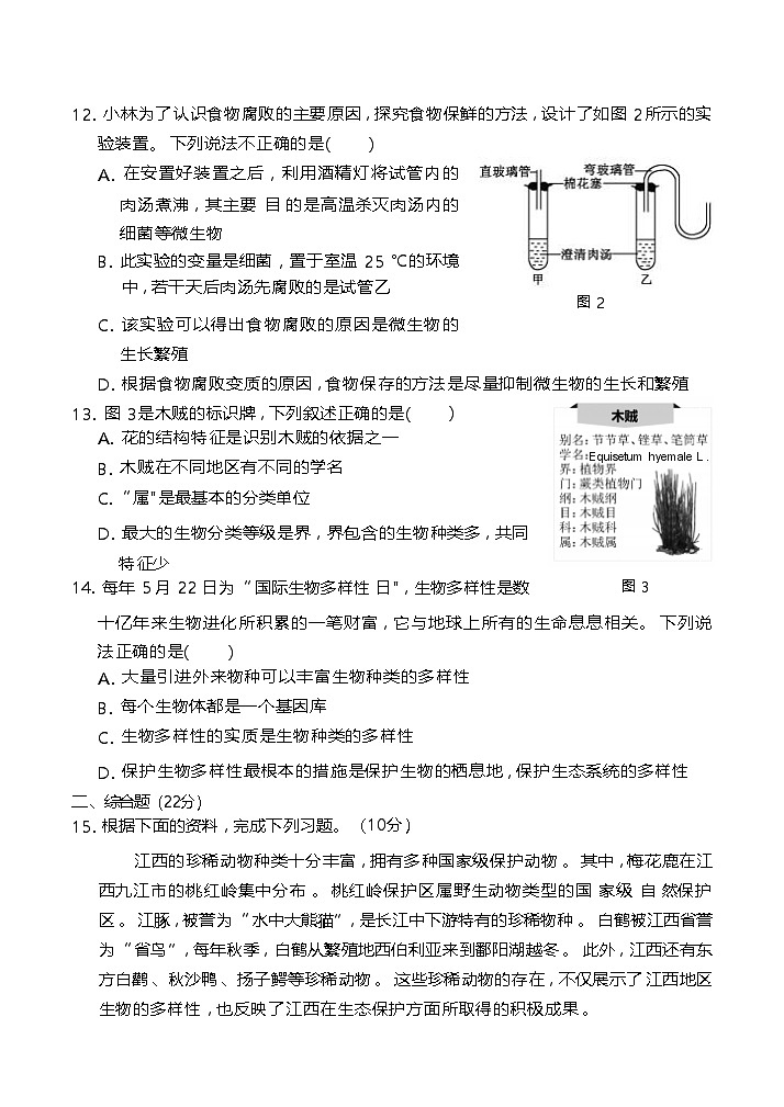 2024-2025学年人教版生物八年级上册期末模拟测试卷第3页