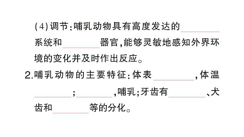 初中生物新人教版七年级上册第二单元第二章第二节三鸟和哺乳动物作业课件2024秋08