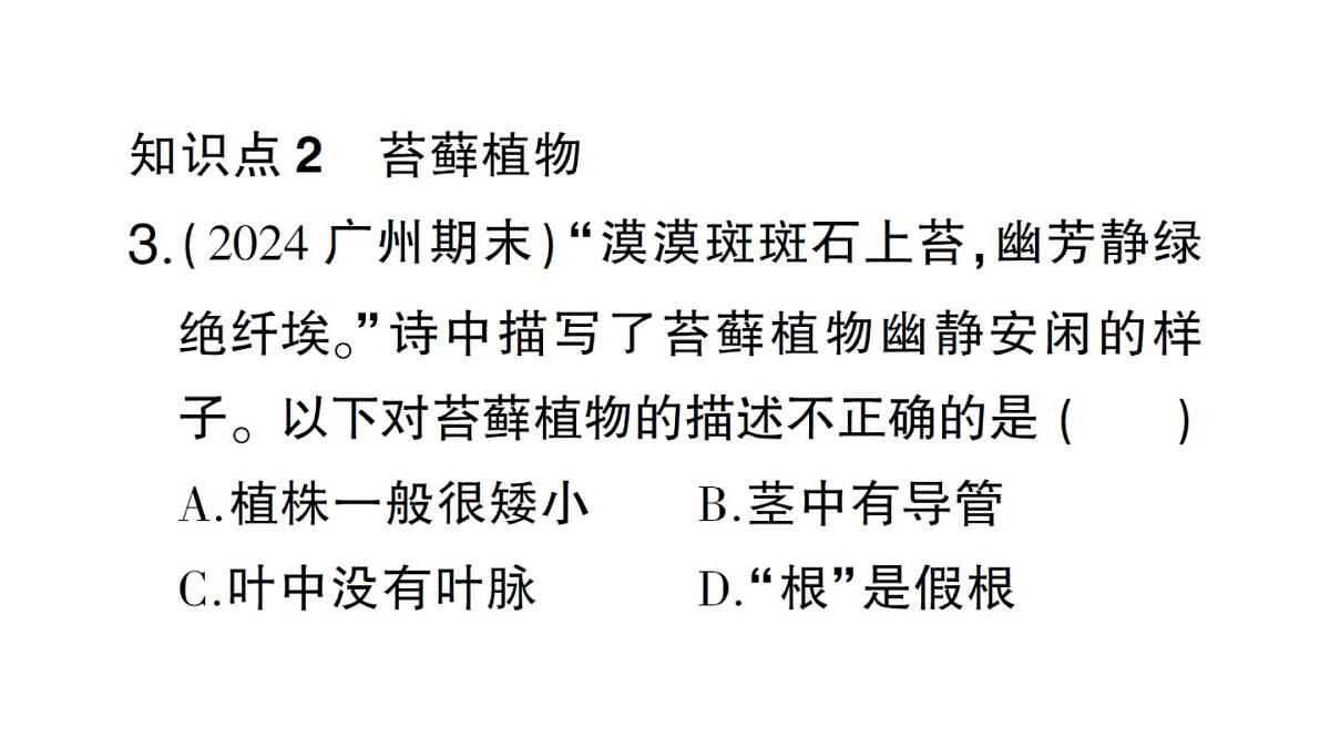 初中生物新人教版七年级上册第二单元第一章第一节 藻类、苔藓植物和蕨类植物作业课件2024秋第8页