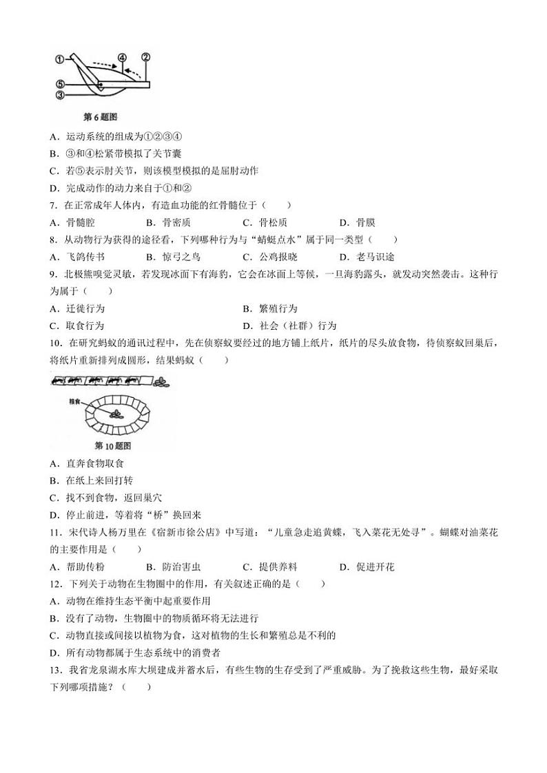 安徽省淮北市淮北市第一中学2024～2025学年八年级(上)期中生物试卷(含答案)第2页