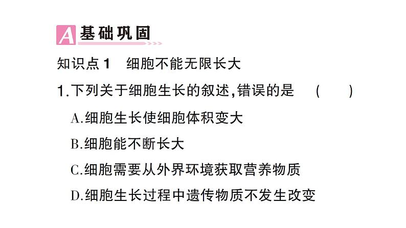 初中生物新北师大版七年级上册第2单元第3章第1节 细胞通过分裂而增殖作业课件2024秋第6页