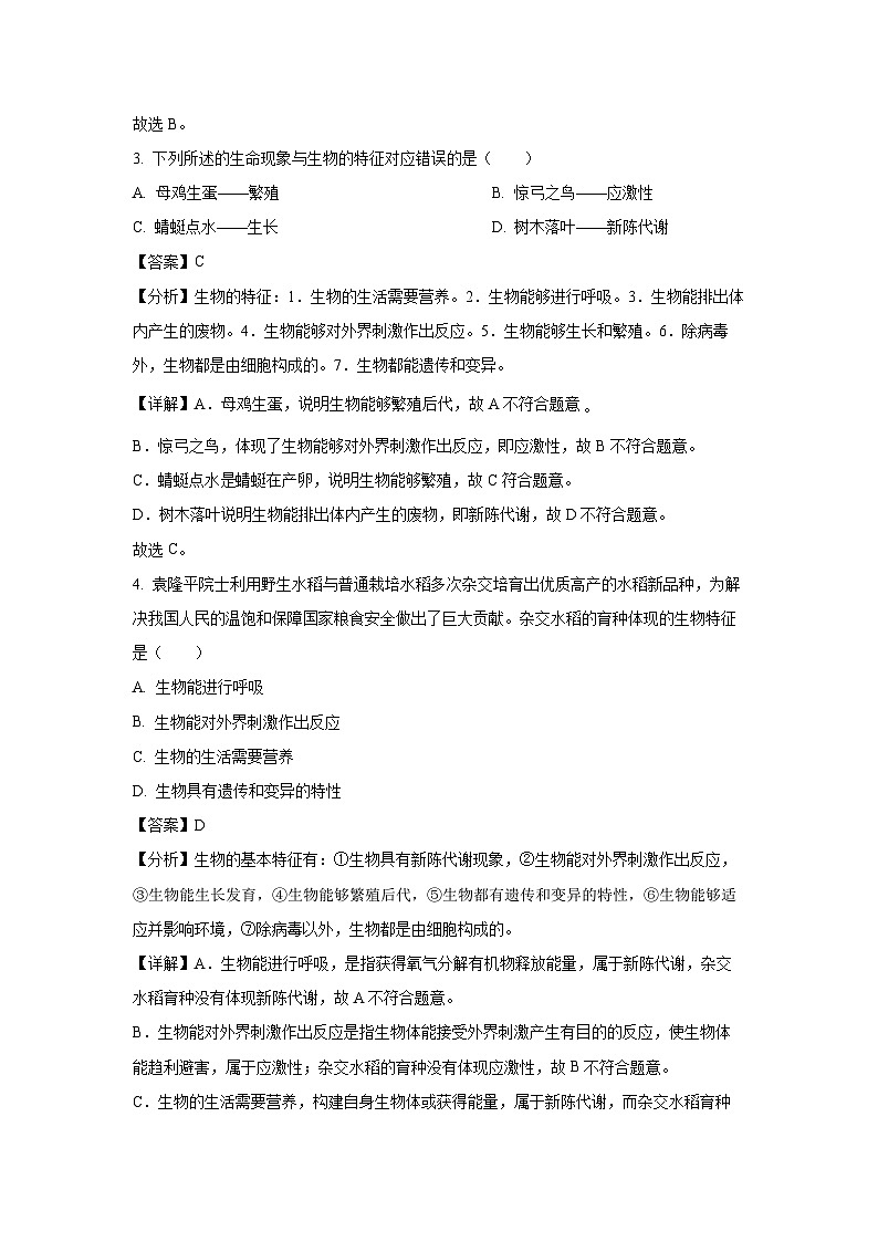 2024-2025学年山东省青岛市城阳第九中学七年级(上)10月月考生物试卷(解析版)第2页