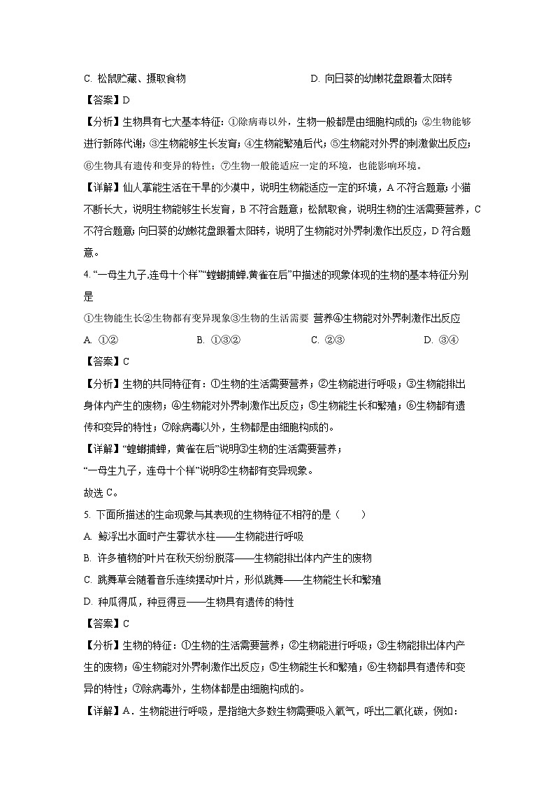 2024-2025学年山东省青岛市城阳第六中学七年级(上)10月月考生物试卷(解析版)02