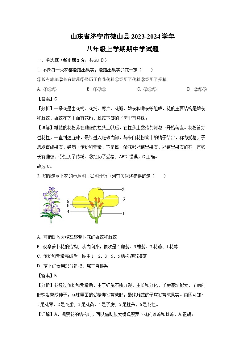 2023-2024学年山东省济宁市微山县八年级(上)期中学生物试卷(解析版)第1页
