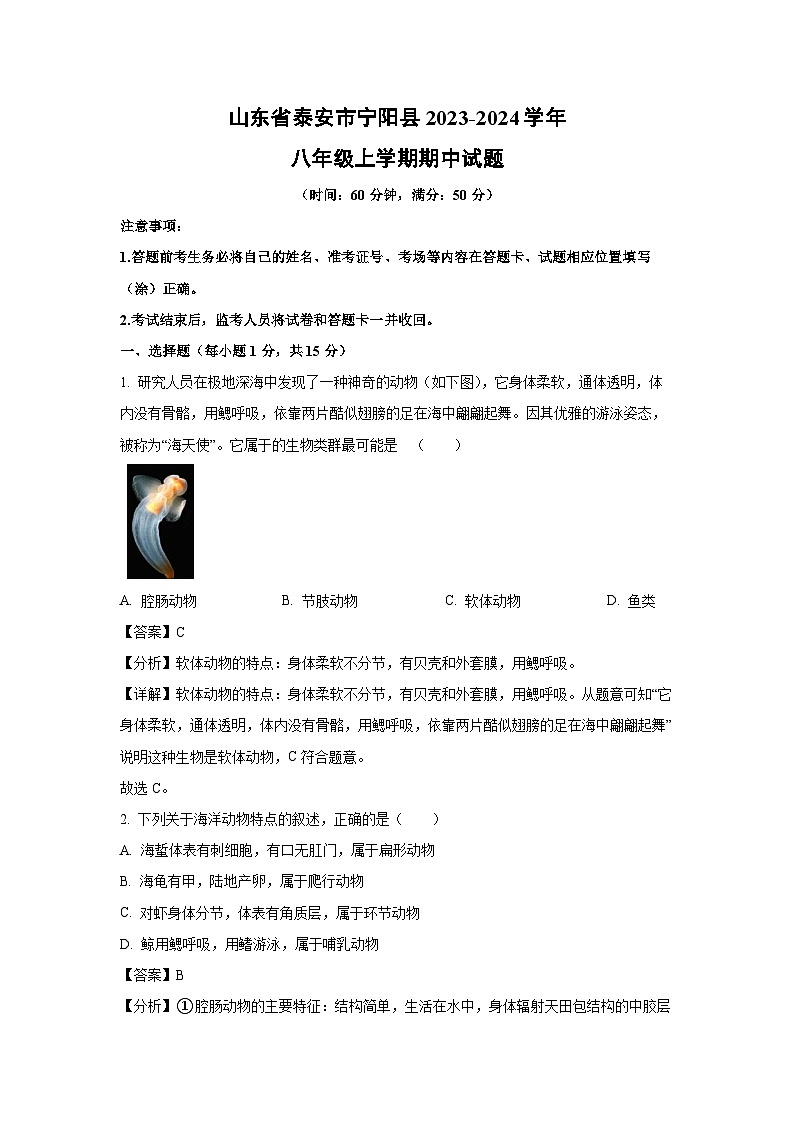 2023-2024学年山东省泰安市宁阳县八年级(上)期中生物试卷(解析版)第1页