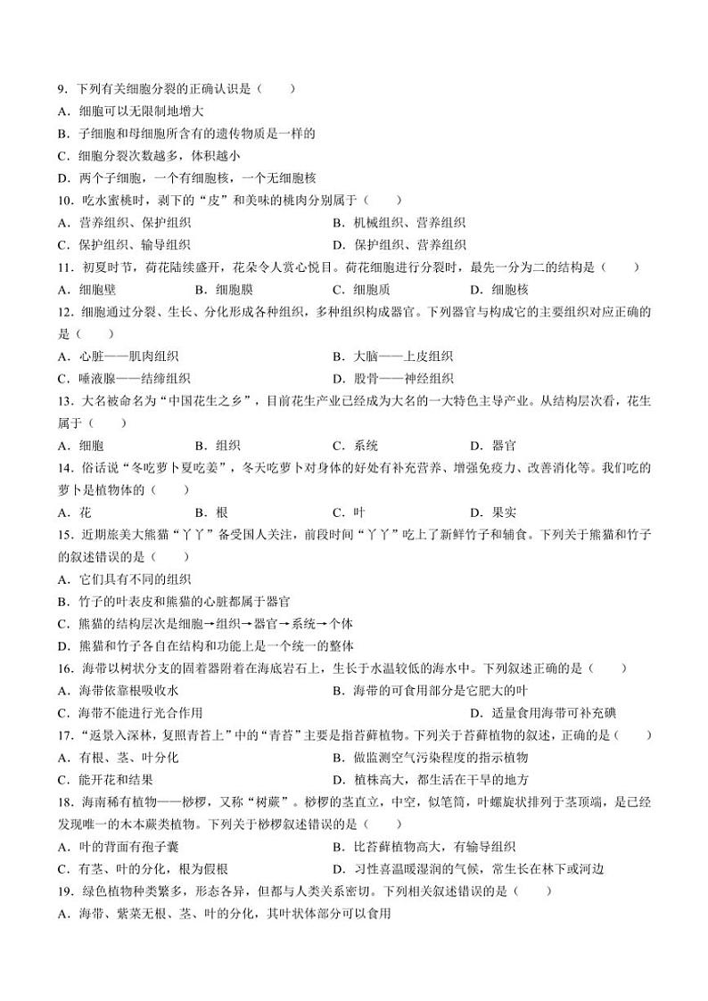 河北省邯郸市大名县2024～2025学年七年级(上)期中生物试卷(含答案)第2页