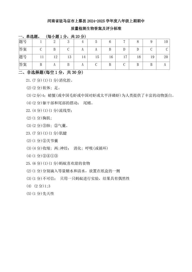 河南省驻马店市上蔡县2023-2024学年八年级上学期11月期中生物试题答案第1页
