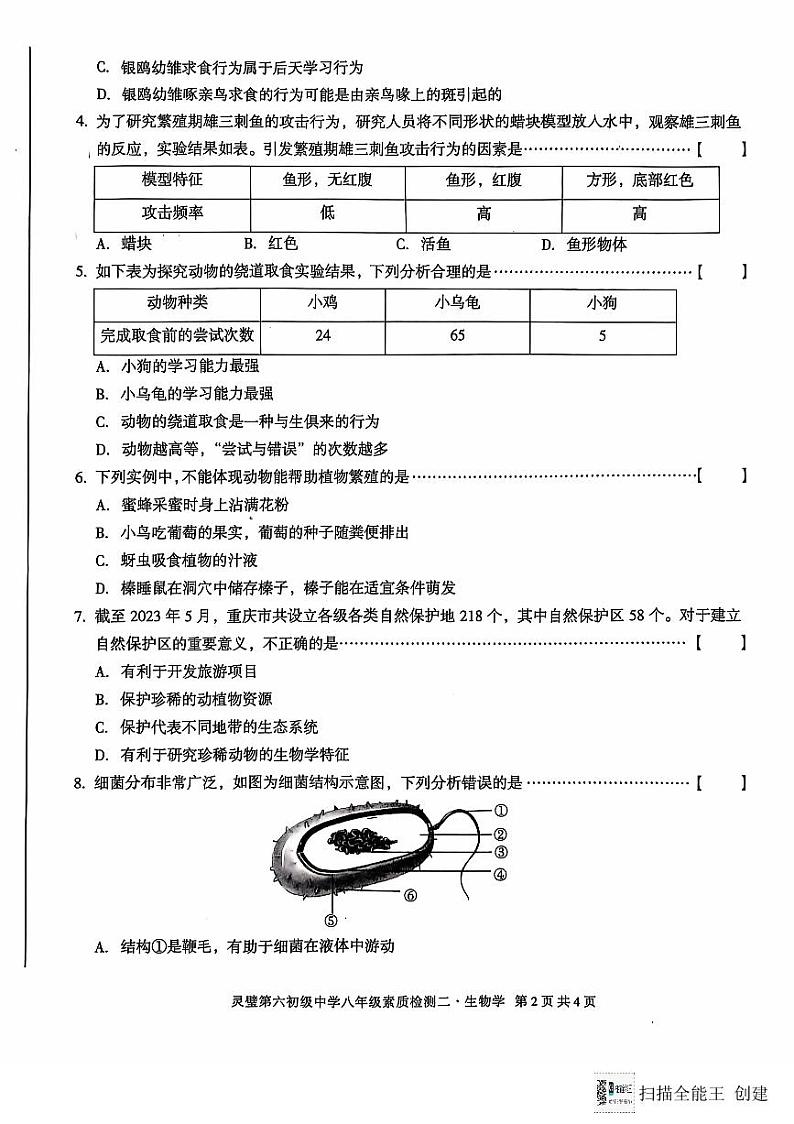 安徽省宿州市灵璧县第六中学2024-2025学年八年级上学期期中素质检测生物试卷第2页