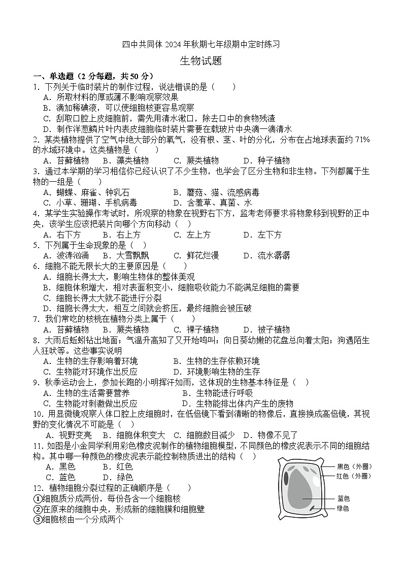四川省泸州市泸县四中教育共同体2024-2025学年七年级上学期11月期中生物试题01