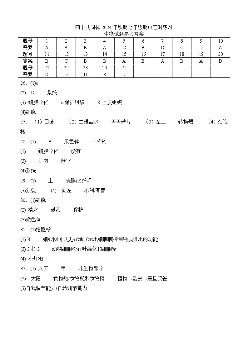 四川省泸州市泸县四中教育共同体2024-2025学年七年级上学期11月期中生物试题01