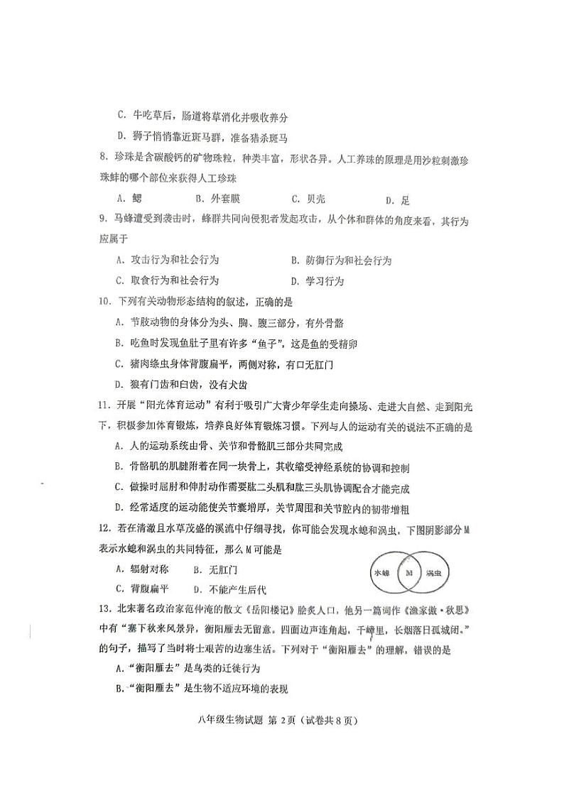 广东省江门市第二中学2024-2025学年八年级上学期10月期中生物试题第2页