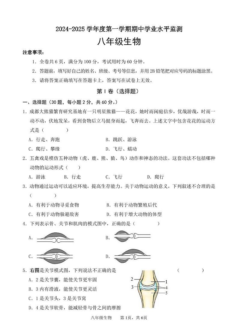 广东省韶关市新丰县2024-2025学年八年级上学期期中考试生物试题第1页
