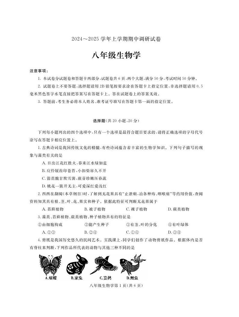 河南省舞钢市2024-2025学年八年级上学期期中调研生物试题第1页