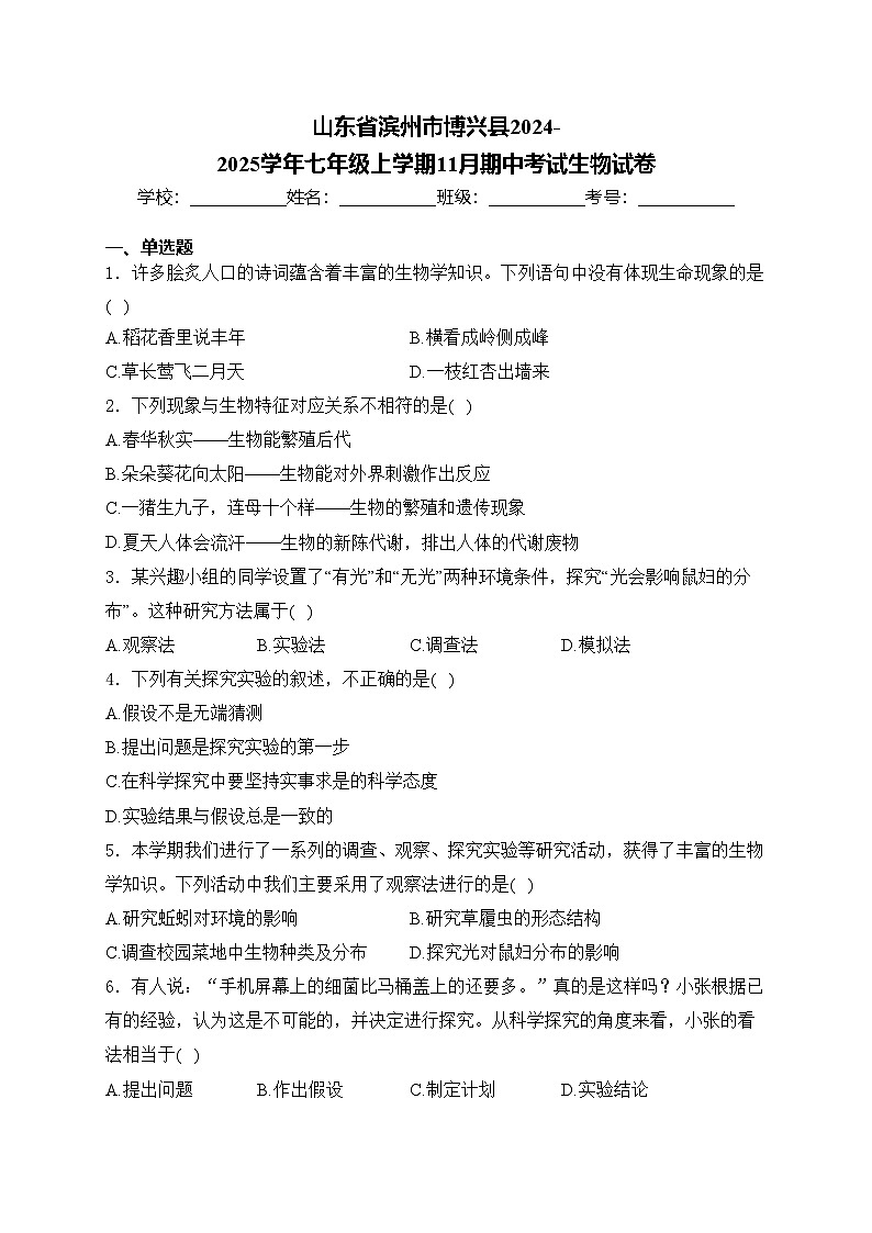 山东省滨州市博兴县2024-2025学年七年级上学期11月期中考试生物试卷(含答案)第1页