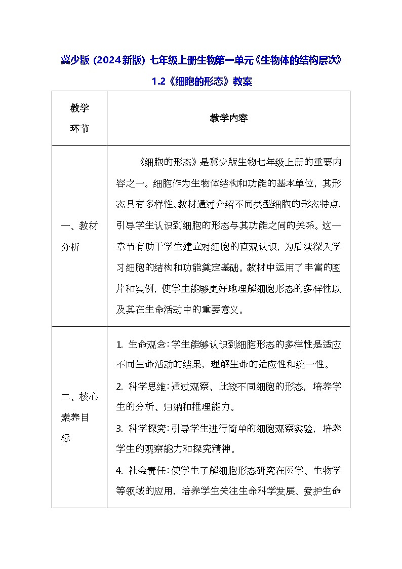 冀少版（2024新版）七年级上册生物第一单元《生物体的结构层次》1.2《细胞的形态》教案第1页