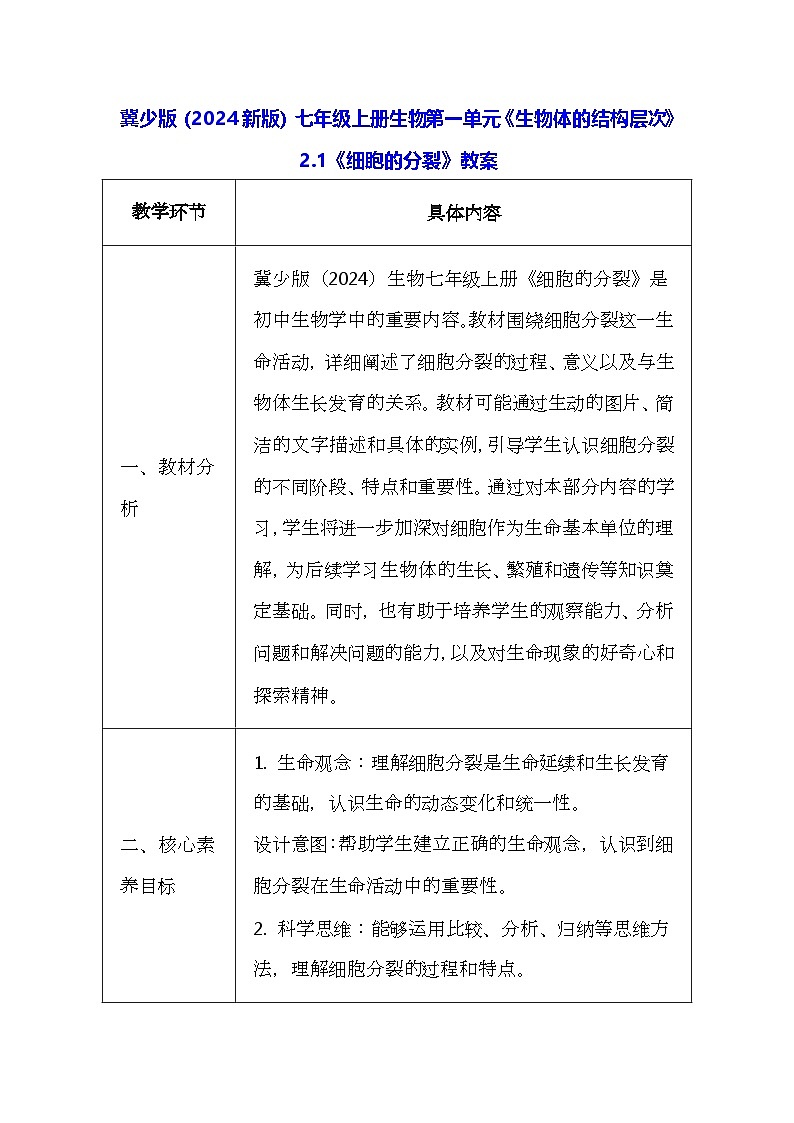 冀少版（2024新版）七年级上册生物第一单元《生物体的结构层次》2.1《细胞的分裂》教案第1页