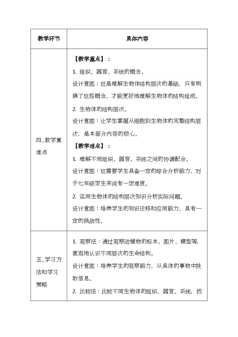 冀少版（2024新版）七年级上册生物第一单元《生物体的结构层次》2.4《生物体》教案03