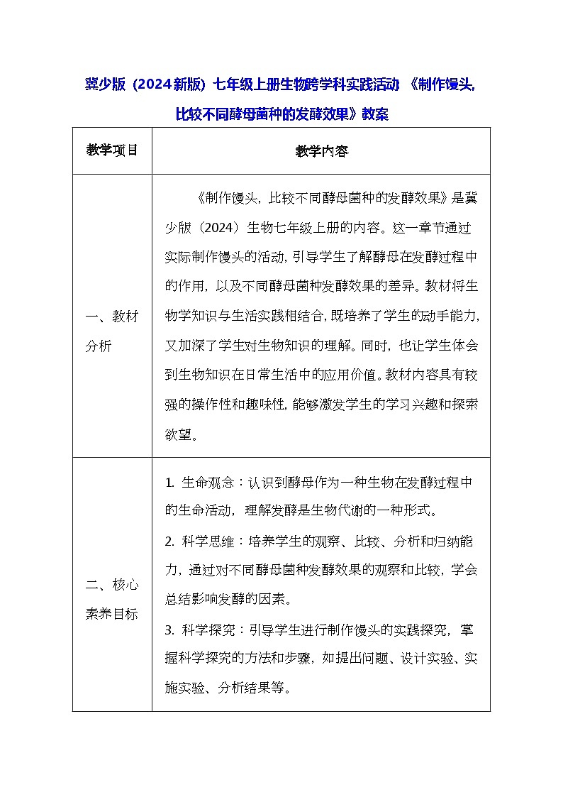 冀少版（2024新版）七年级上册生物跨学科实践活动：《制作馒头，比较不同酵母菌种的发酵效果》教案第1页