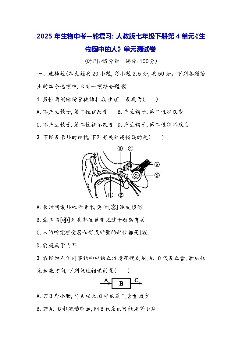 2025年生物中考一轮复习：人教版七年级下册第4单元《生物圈中的人》单元测试卷（含答案）第1页
