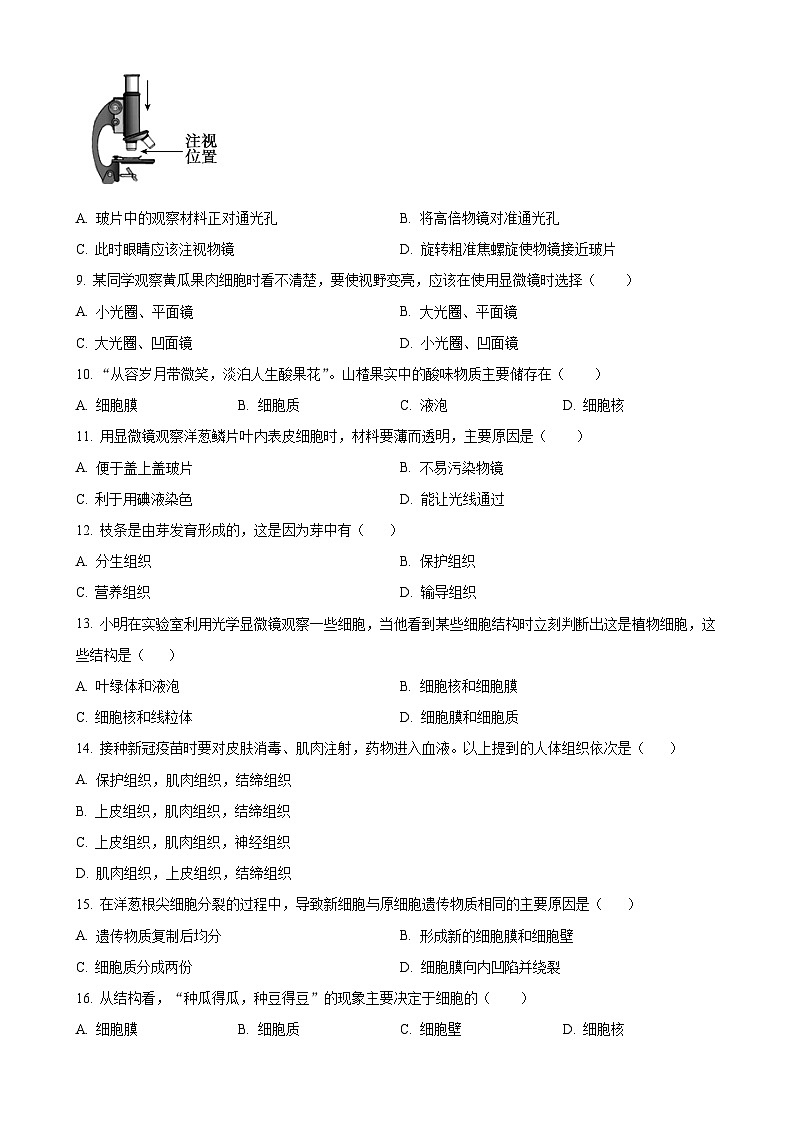 福建省福州市2024-2025学年七年级上学期期中生物试题（原卷版）-A4第2页
