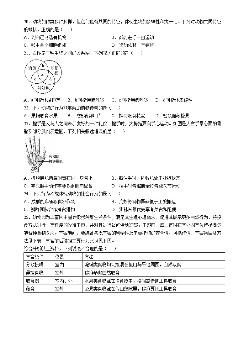 福建省福州市第十九中学2024-2025学年八年级上学期期中生物学试题-A403