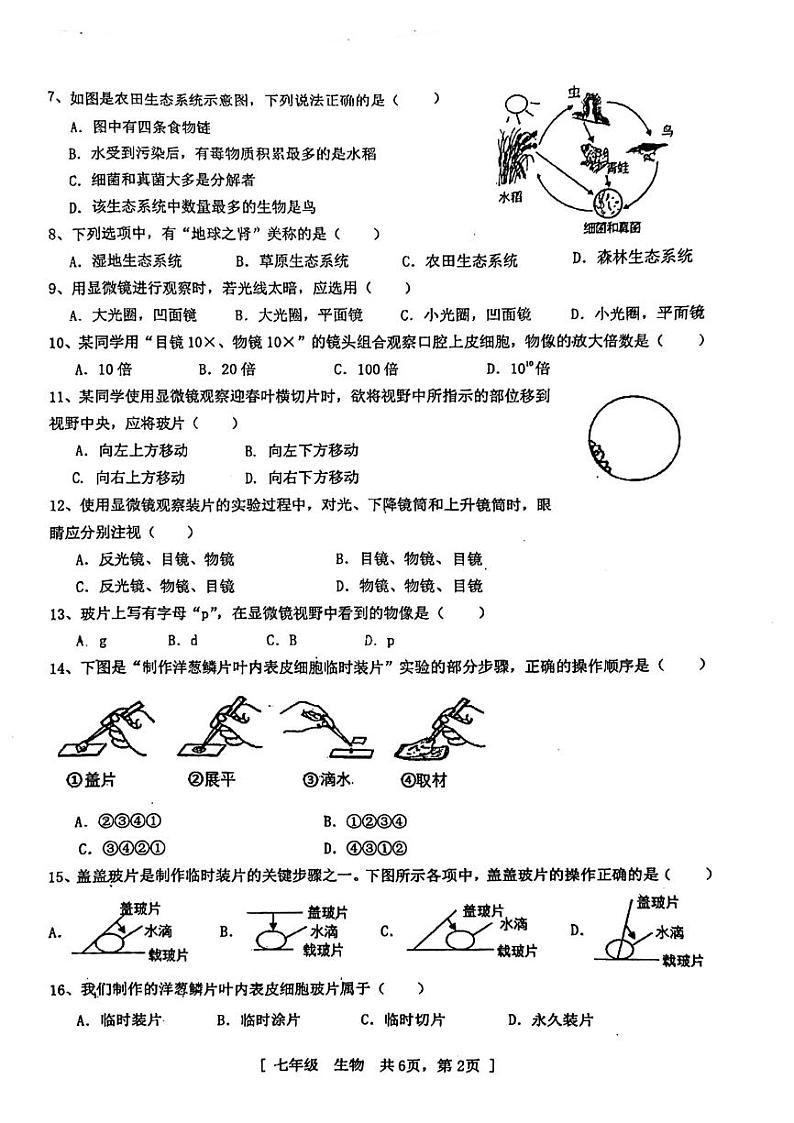 广东省江门市蓬江区景贤中学2023-2024学年七年级上学期期中考试生物试题第2页