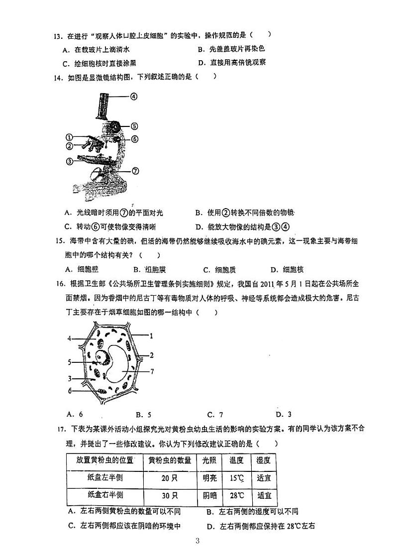 广东省江门市蓬江区紫茶中学2023-2024学年七年级上学期期中生物试卷第3页