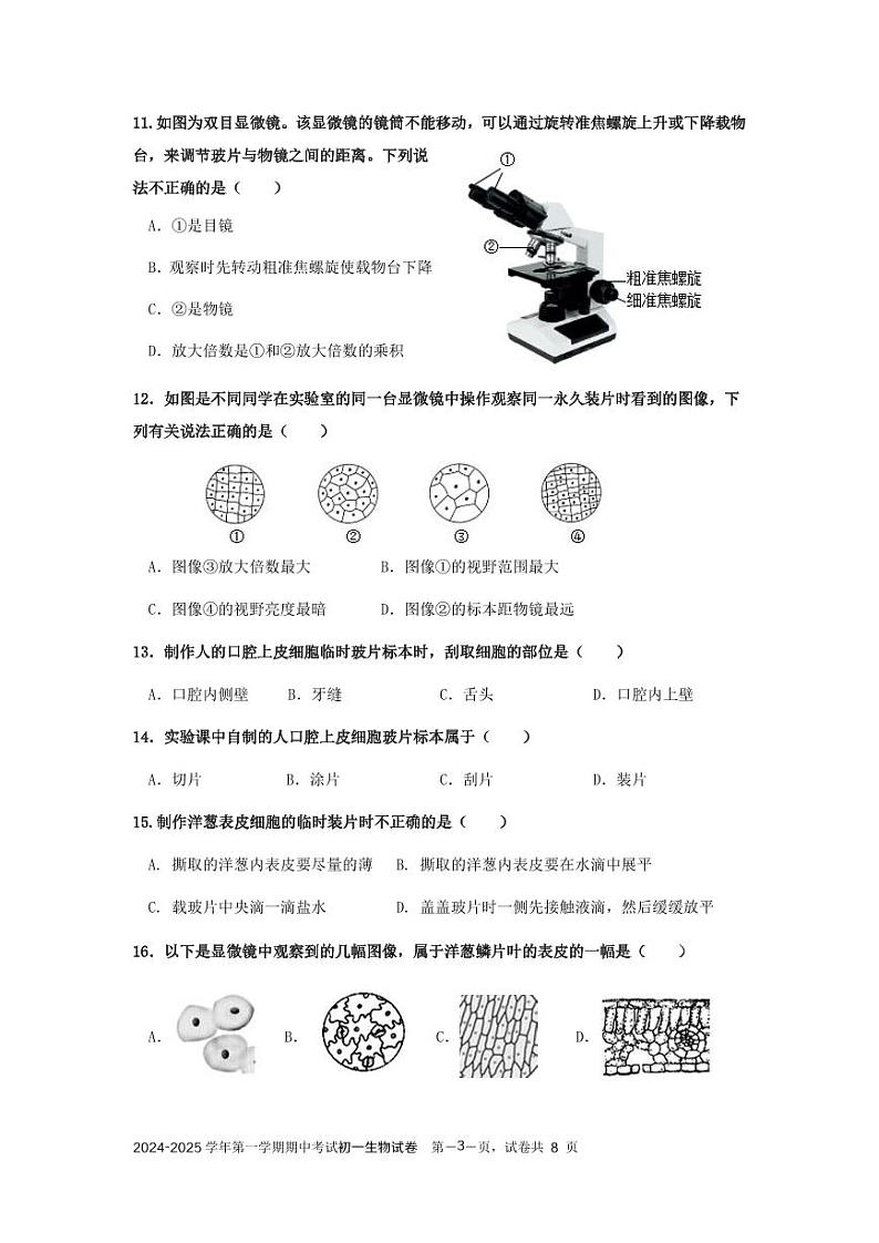 广东省茂名市第一中学2024-2025学年七年级上学期期中考试生物试题第3页