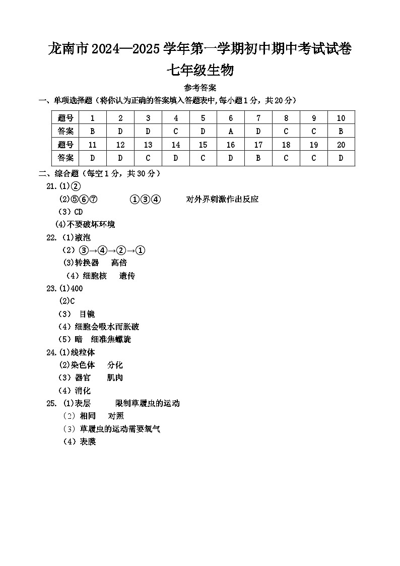 七年级上册生物期中考试试题答案第1页